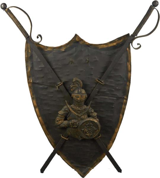 Appraisal: Large Metal Shield Wall Decor Includes crossed swords and a