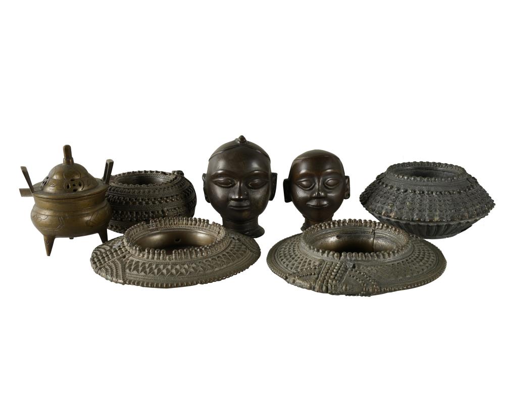 Appraisal: SEVEN SOUTHEAST ASIAN METAL ARTICLEScomprising four dishes two heads and