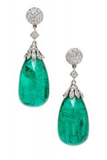 Appraisal: A Pair of White Gold Emerald and Diamond Drop Earrings