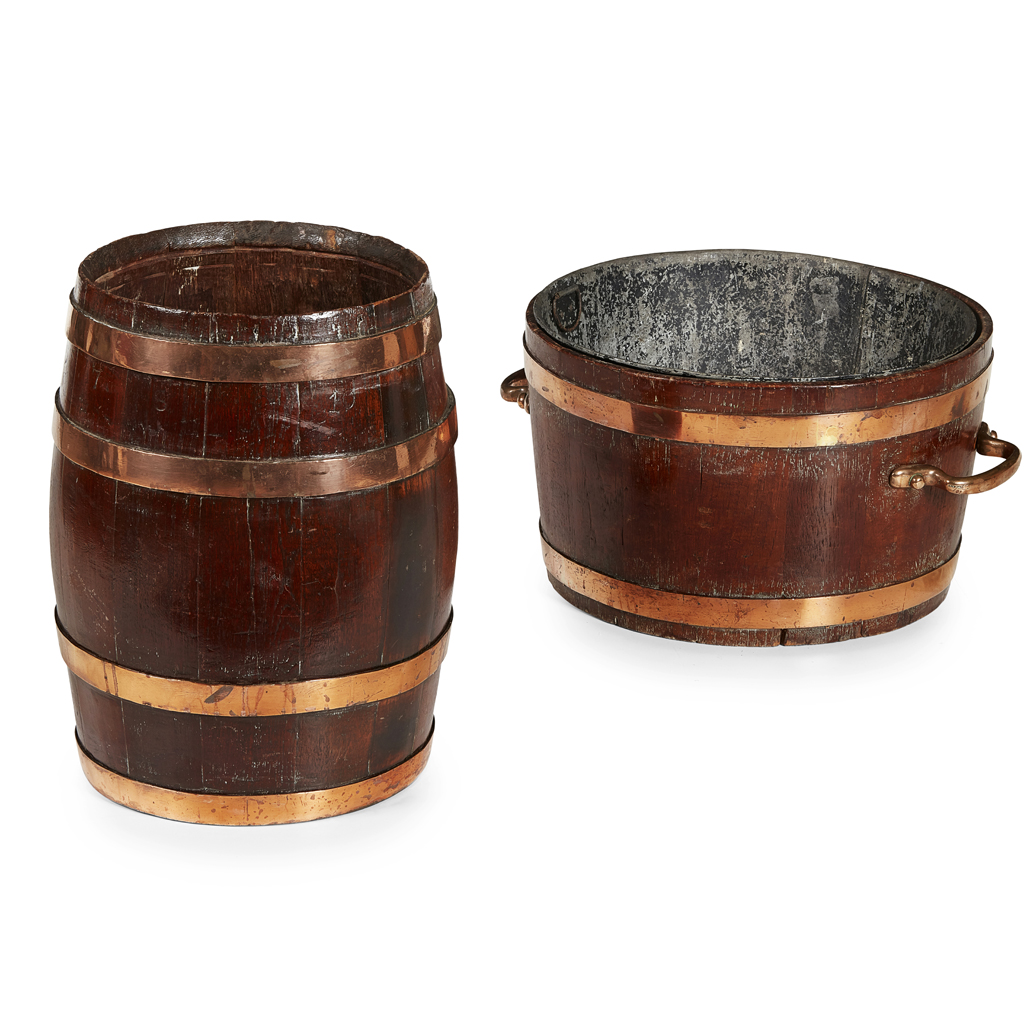 Appraisal: TWO OAK AND COPPER BANDED STAVED CONTAINERS EARY TH CENTURY