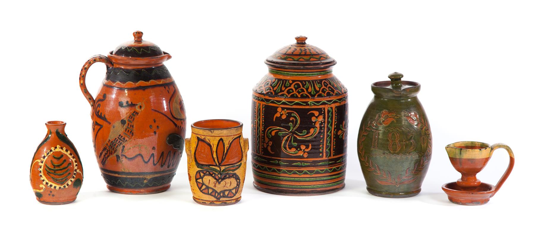 Appraisal: SIX PIECES OF GREG SHOONER REDWARE American from to Lidded