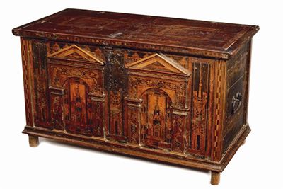 Appraisal: An oak and inlaid Nonsuch chest the rectangular top with