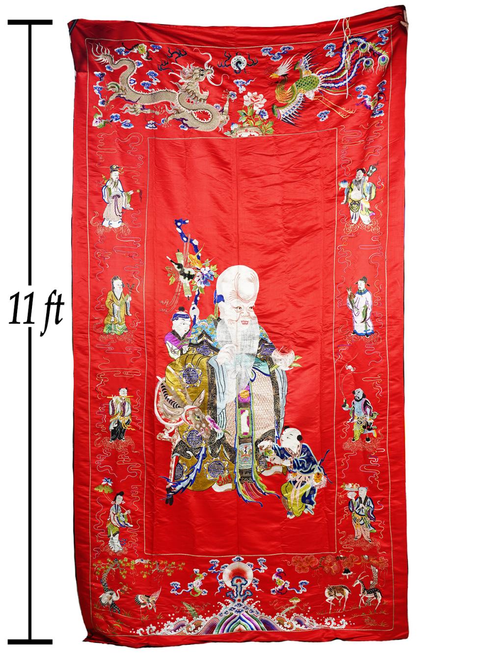 Appraisal: CHINESE BROCADE SILK WITH EMBROIDERY OF LAO-TZEChinese large scarlet colored