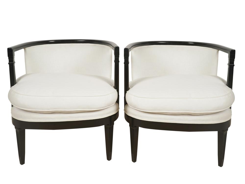 Appraisal: PAIR OF EBONIZED WOOD ARMCHAIRScontemporary unsigned covered with white linen