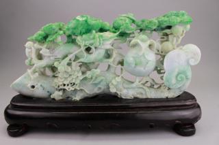 Appraisal: Finely Carved Chinese Jadeite Foliate Grouping on stand With finely