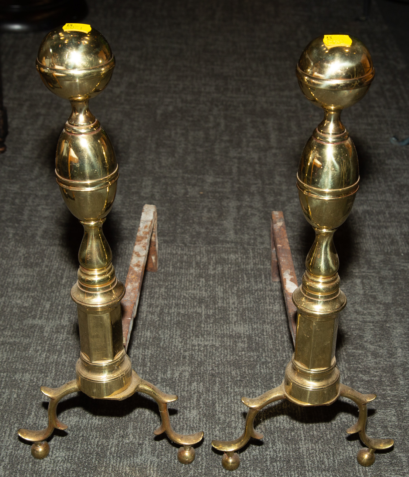 Appraisal: A PAIR OF BALL-TOP BRASS ANDIRONS th century