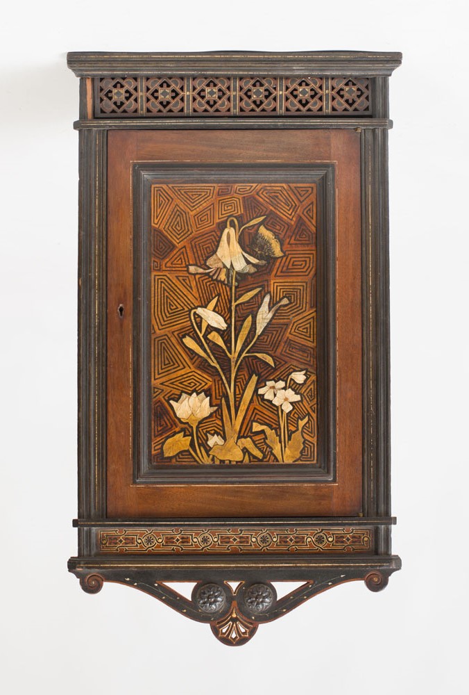 Appraisal: DANIEL COTTIER ATTRIBUTION HANGING CORNER CABINET Mahogany painted decoration marquetry