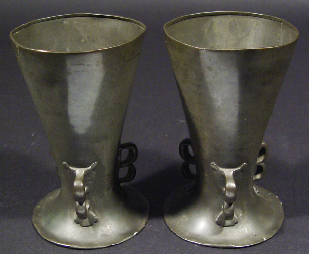 Appraisal: Pair of Liberty style three handled pewter vases impressed Carolean