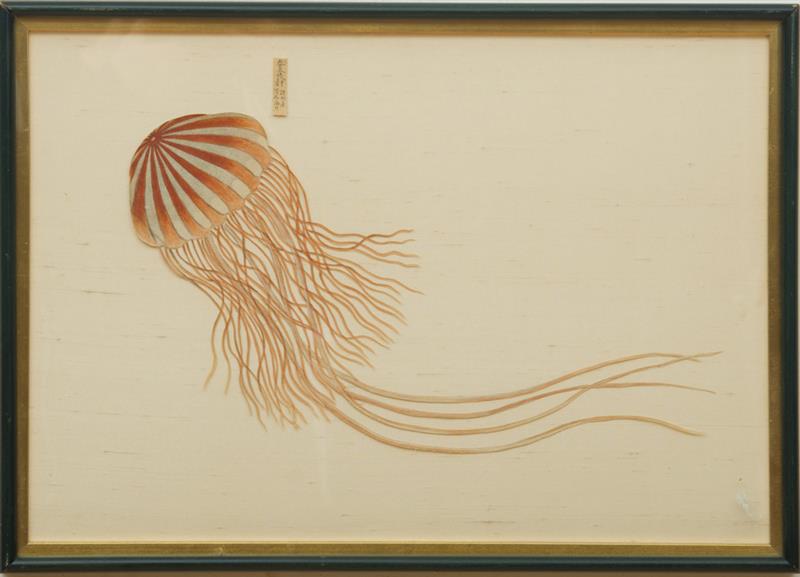 Appraisal: JAPANESE SILK EMBROIDERED CUT-OUT OF A JELLYFISH Pencil cut-out on