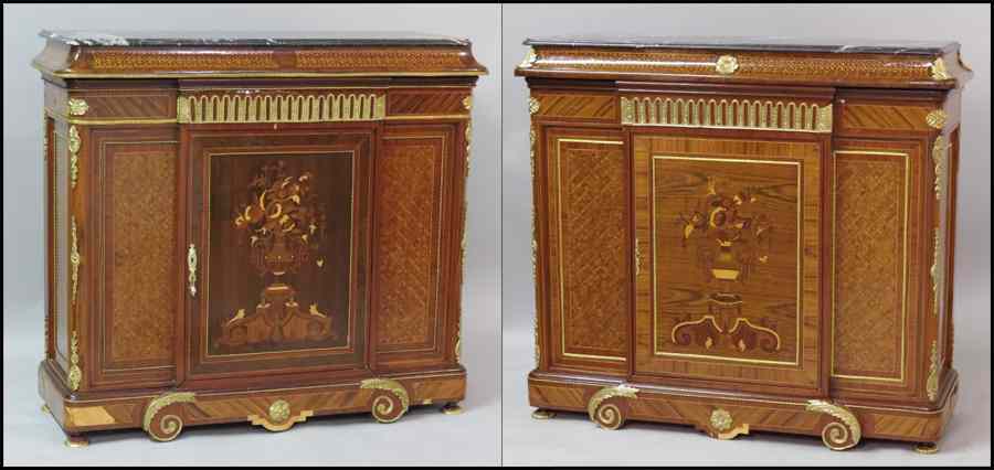 Appraisal: PAIR OF MARBLE TOP CABINETS Bearing ormolu mounts and marquetry