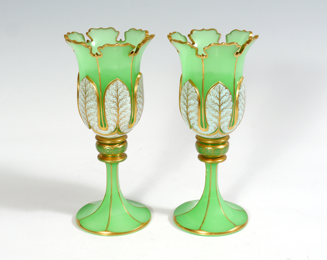 Appraisal: PAIR GREEN MOSER GLASS CHALICE VASES Shaped rim with applied