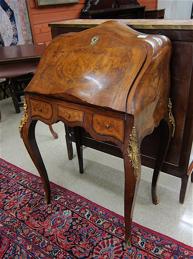 Appraisal: LOUIS XV STYLE INLAID BOMBE WRITING DESK having a slant