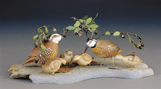 Appraisal: American folk art sculpture th centuryCOVEY OF QUAIL UNDER BLACKBERRY