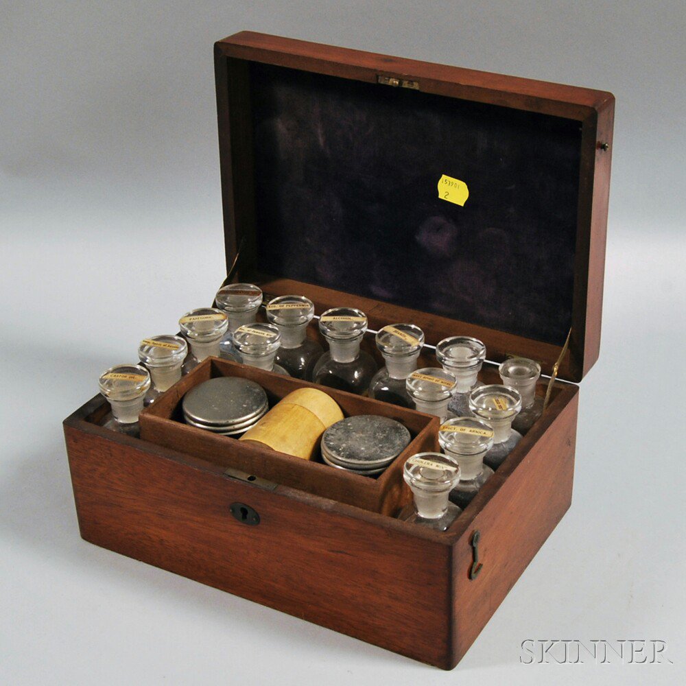 Appraisal: Mahogany Traveling Apothecary Case th century with fourteen apothecary bottles