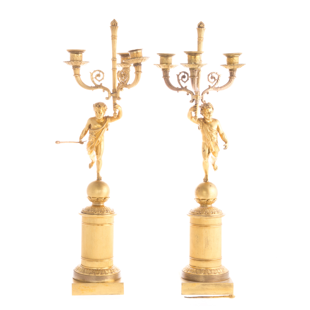 Appraisal: Pair Napoleon III bronze dor figural candelabra circa modeled as