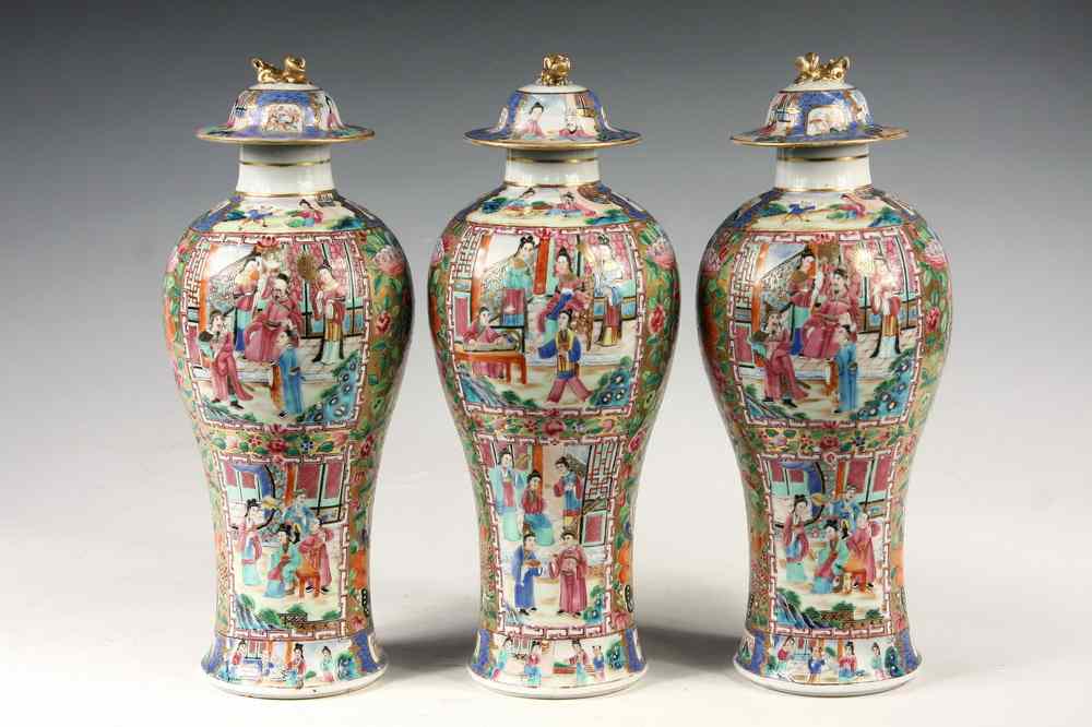 Appraisal: CHINESE EXPORT COVERED JARS - Three Matching th c Rose