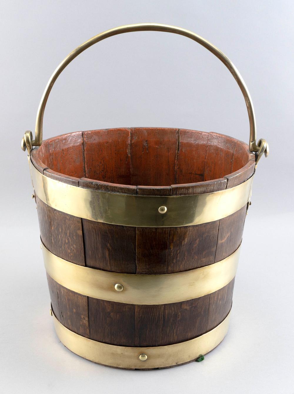 Appraisal: ENGLISH BRASS-BOUND OAK PEAT BUCKET LATE TH CENTURY HEIGHT ENGLISH