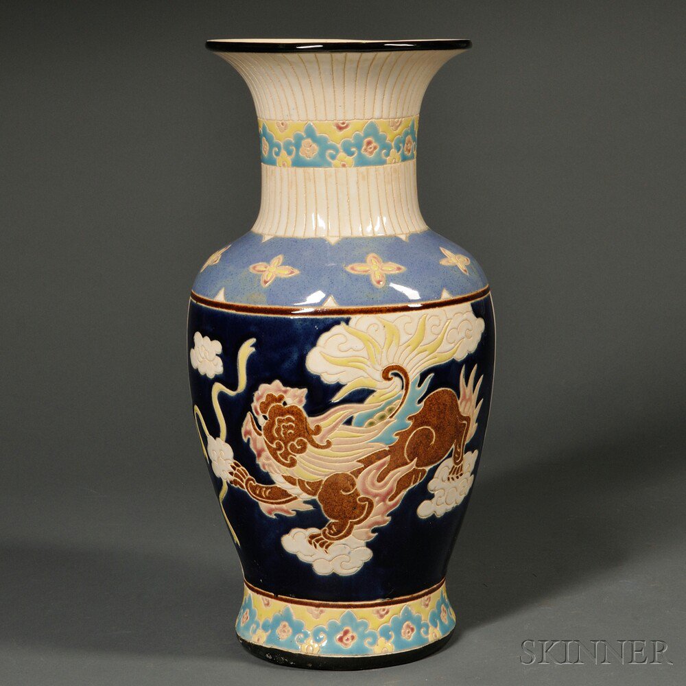 Appraisal: Large Polychrome-glazed Vase Asia with trumpet-shaped neck and round shoulder