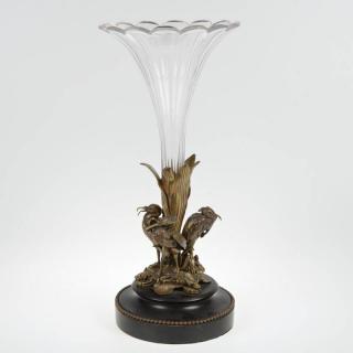 Appraisal: Napoleon III bronze crystal centerpiece vase th c naturalistic waterfowl