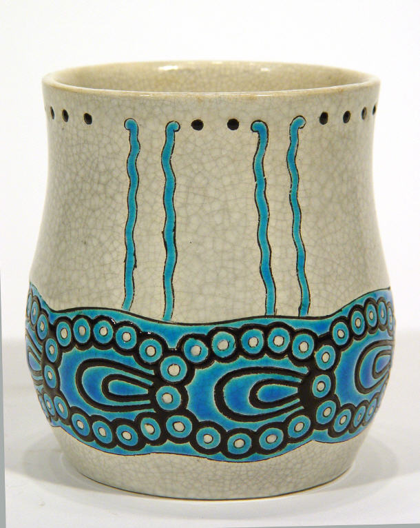 Appraisal: Longwy pottery vase with enamelled turquoise decoration onto a grey