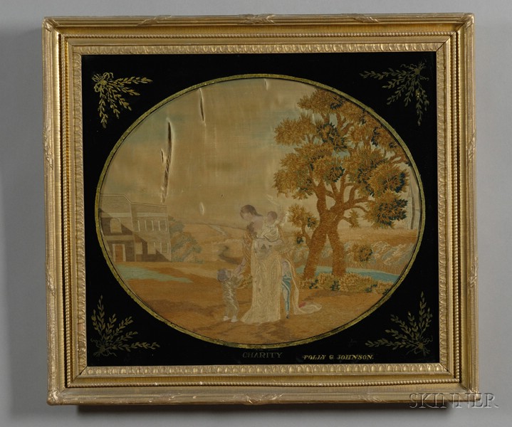 Appraisal: Two Silk Needlework Pictures Depicting Plenty and Charity by Eliza