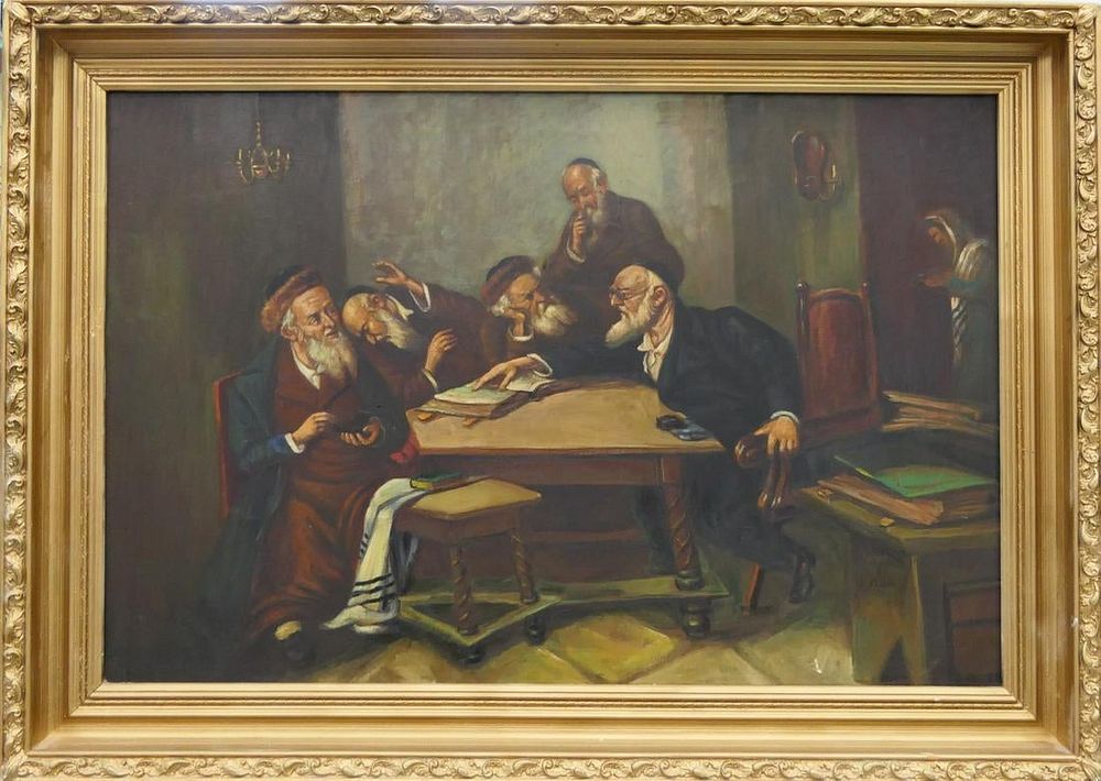 Appraisal: G FISHER JUDAIC OIL PAINTING ON CANVAS OF RABBIS Oil