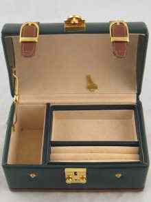 Appraisal: A jewel case shaped as a green leather travelling trunk