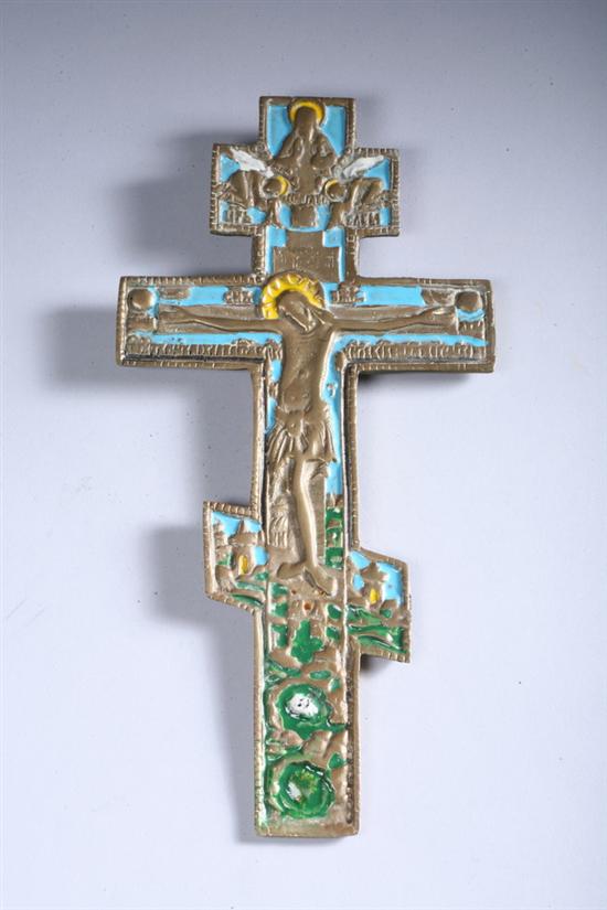 Appraisal: RUSSIAN ENAMELLED BRASS CRUCIFIX th century Enamel colors of blue