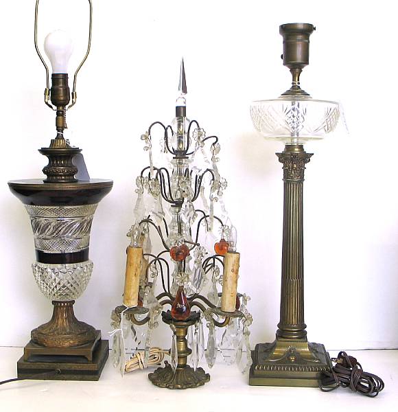 Appraisal: An assembled grouping of five brass and cut glass lamps