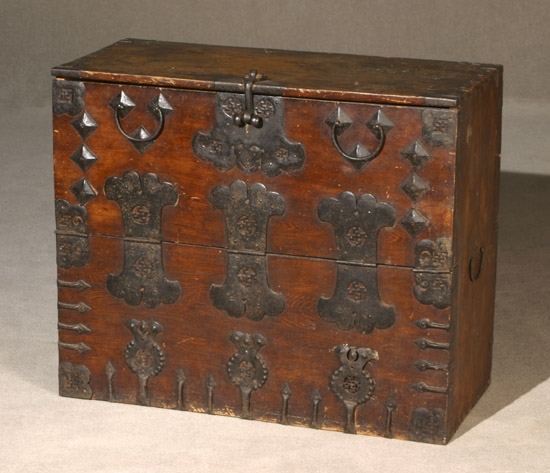 Appraisal: Japanese Black Painted Wrought-Iron Mounted Keyaki Wood Storage Chest Meiji