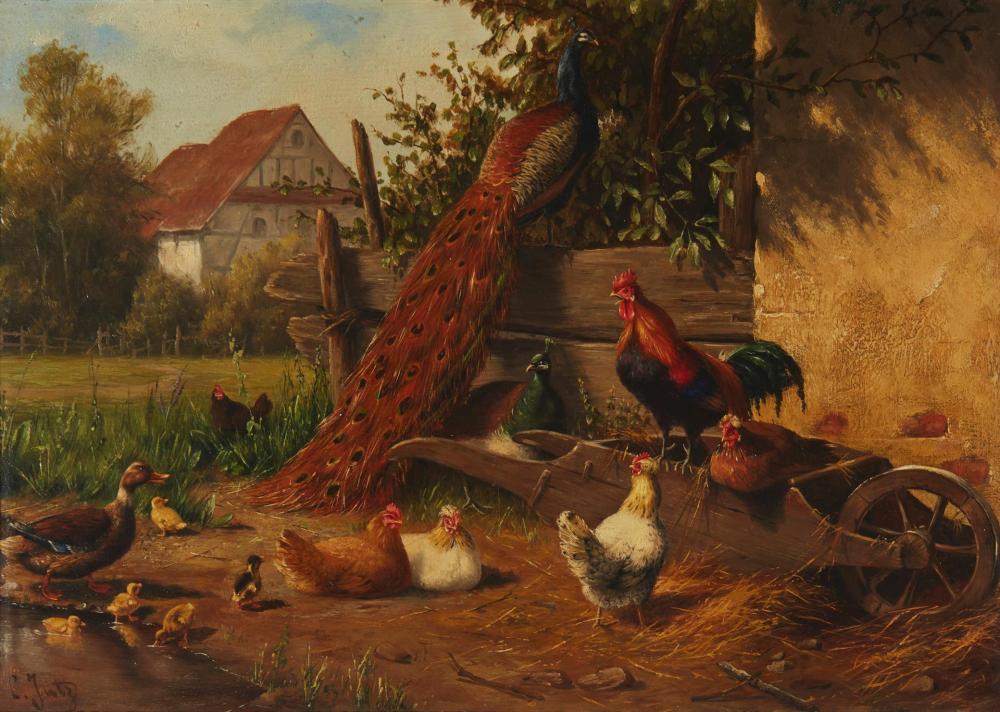 Appraisal: CARL JUTZ I - FARM SCENE WITH PEACOCKS CHICKENS AND