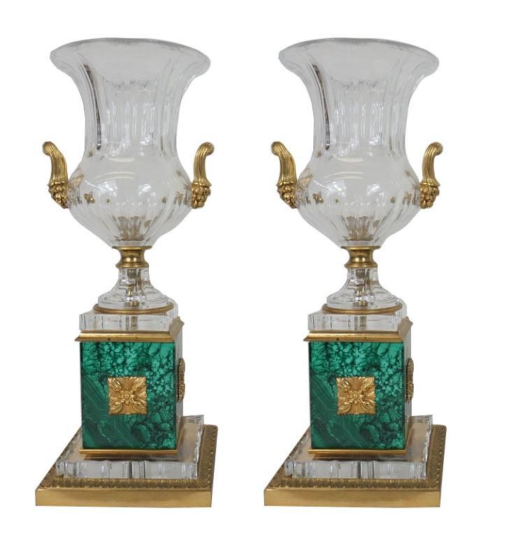 Appraisal: Pair of French Ormolu Mounted Cut Glass Urns An impressive