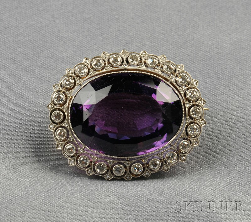 Appraisal: Edwardian Platinum Amethyst and Diamond Brooch bezel-set with a cushion-shape