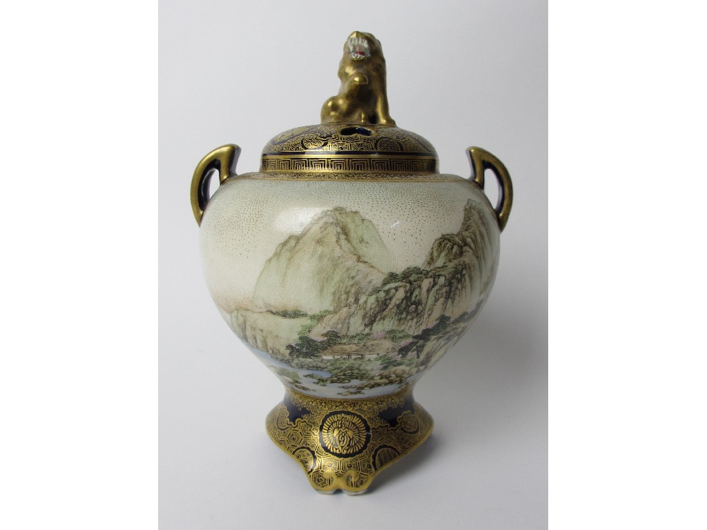 Appraisal: A Satsuma koro painted with a mountainous landscape and birds