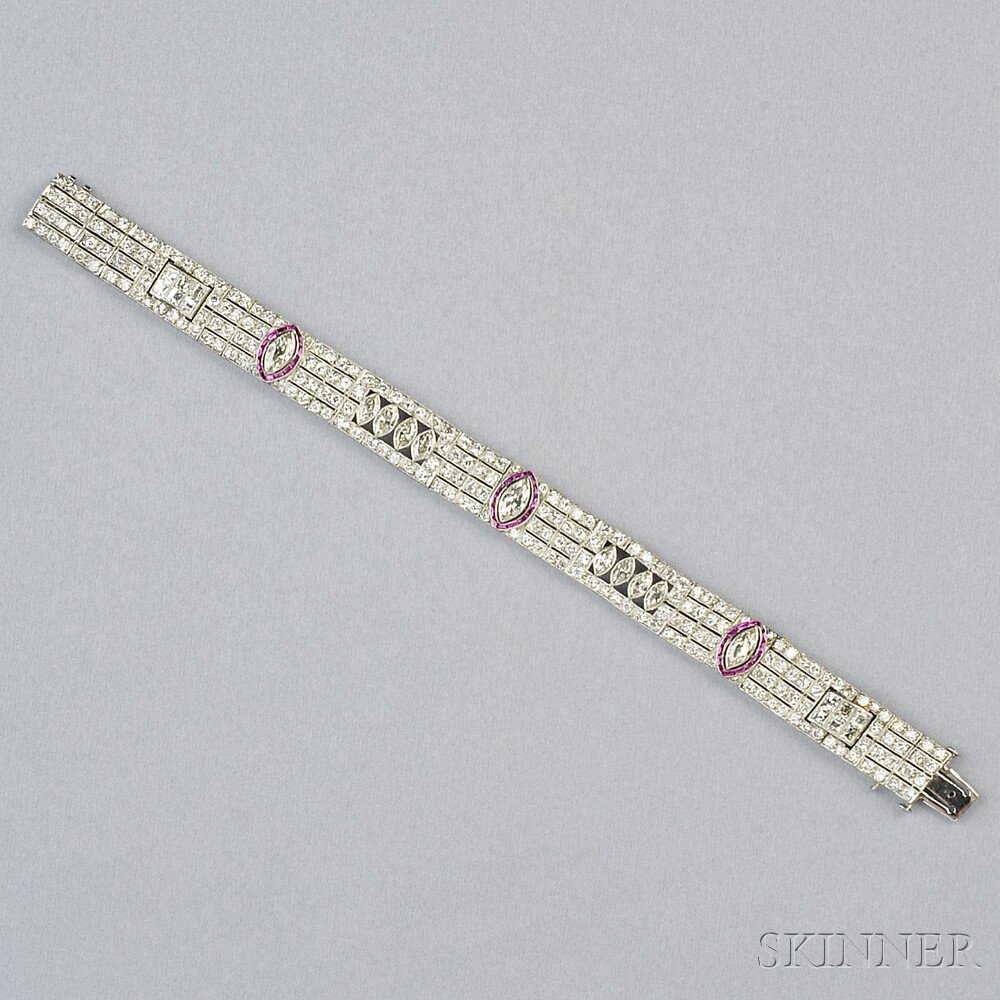 Appraisal: Art Deco Platinum Ruby and Diamond Bracelet bezel-set with three