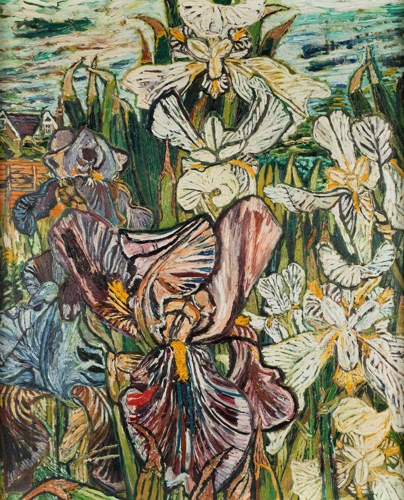 Appraisal: JOHN BRATBY BRITISH - WHITE AND MAUVE BUTTERFLY IRISES signed