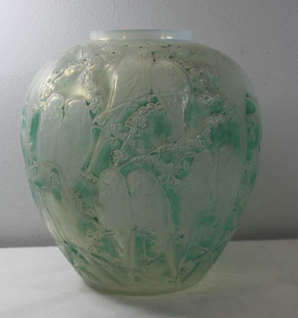 Appraisal: R LALIQUE SIGNED PERRUCHES OPALINE VASE R LALIQUE SIGNED PERRUCHES