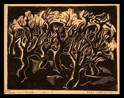 Appraisal: HILDA ALTSCHULE - TREES IN WINTER Woodcut on paper x