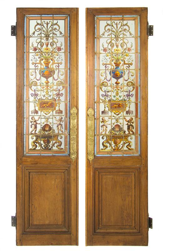 Appraisal: Pair of English Walnut and Stained Glass Doors of rectangular