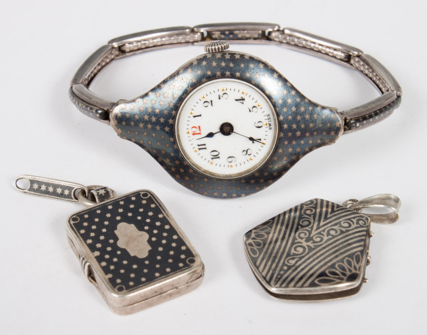 Appraisal: Swiss niello enamel silver lady's wrist watch early th century