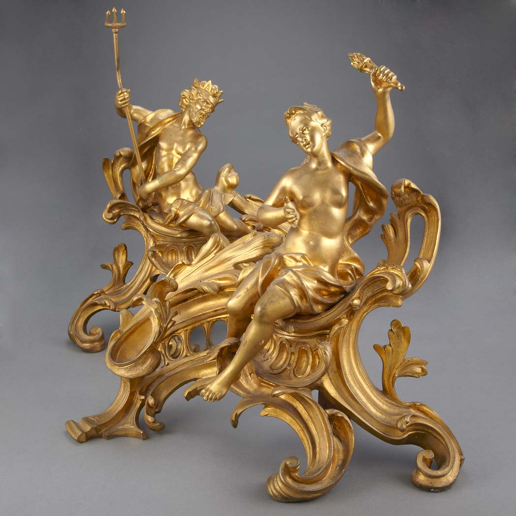 Appraisal: Pair of Louis XV Style Gilt-Bronze Chenets Each cast with