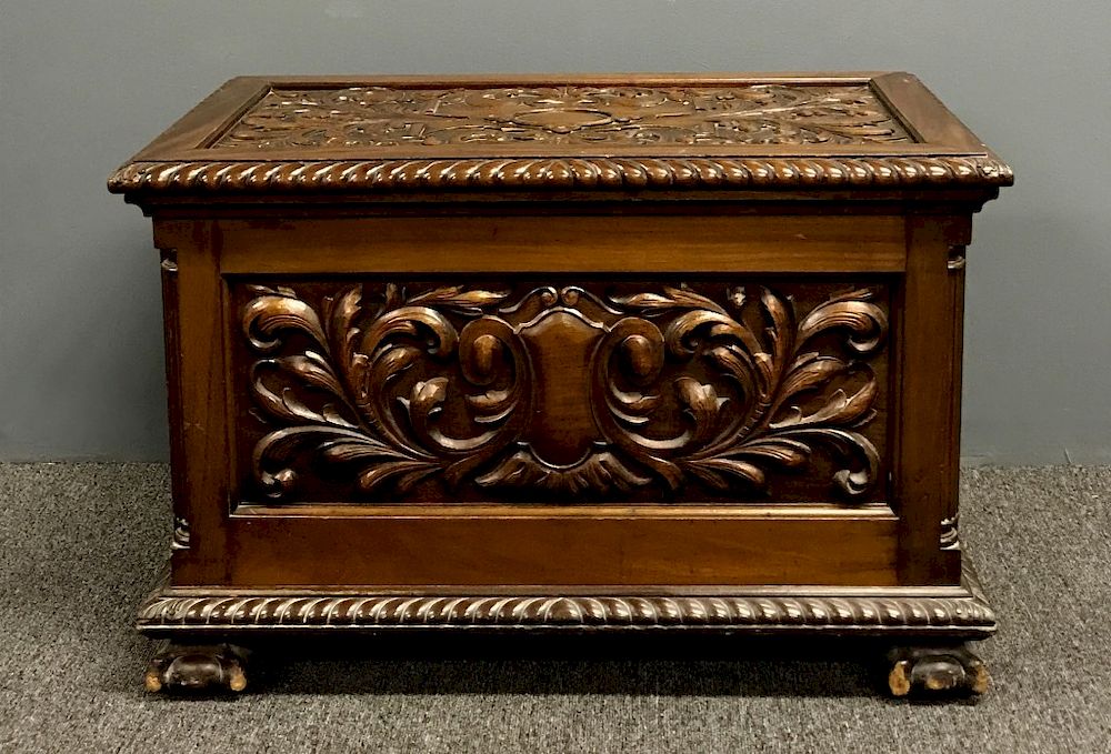 Appraisal: Feldenkrais Type Mahogany Carved Storage Chest Feldenkrais type mahogany carved