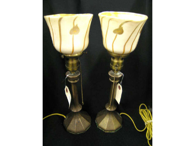 Appraisal: Pair of Art Glass Bronze Dor'e Lamps shades with trailing