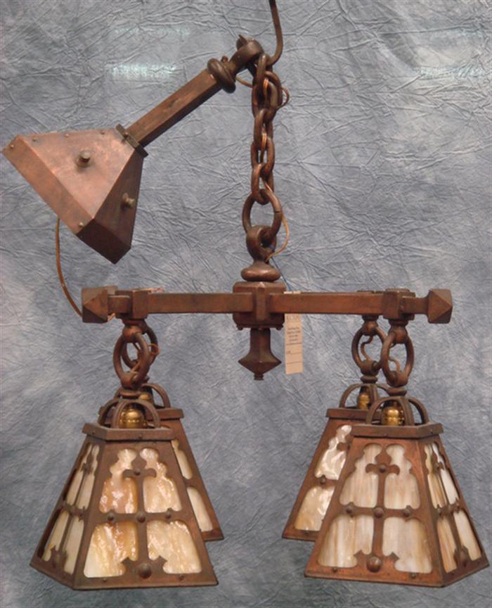 Appraisal: Arts Crafts hanging light caramel slag glass chandelier copper patinated