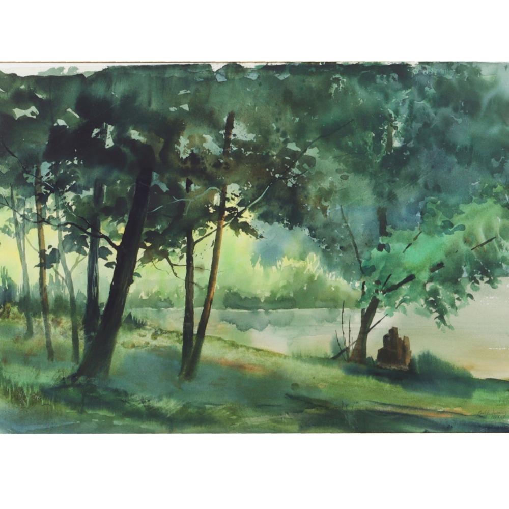 Appraisal: PAUL J SWEANY INDIANA - UNTITLED LAKE WITH TREES WATERCOLOR