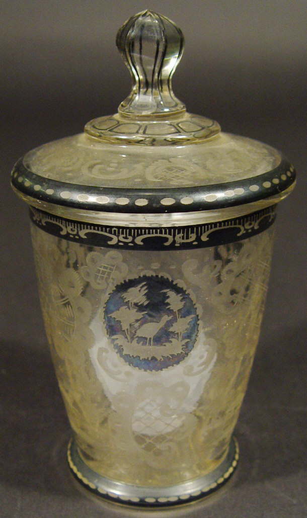 Appraisal: Bohemian glass tobacco jar and cover etched with a continuous