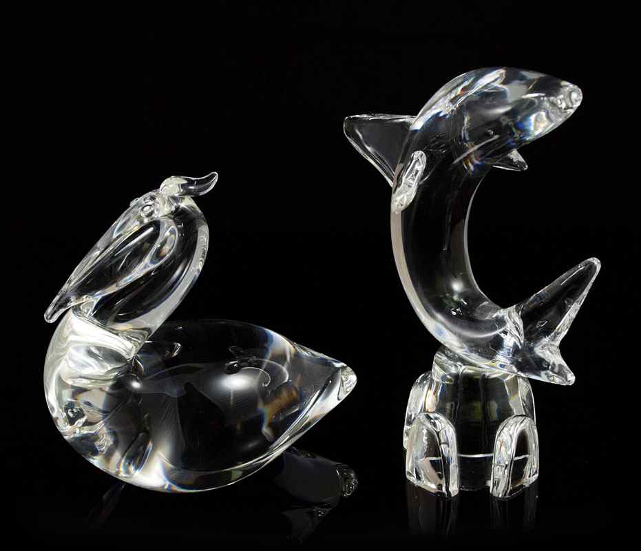 Appraisal: STEUBEN CRYSTAL FIGURINES Both signed PELICAN '' SHARK ''