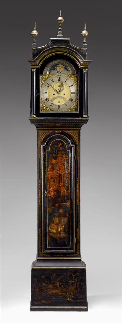 Appraisal: English black japanned tallcase clock The hood with a stepped