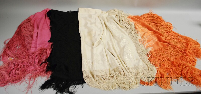 Appraisal: Four Solid Color Piano Shawls three embroidered in ivory coral