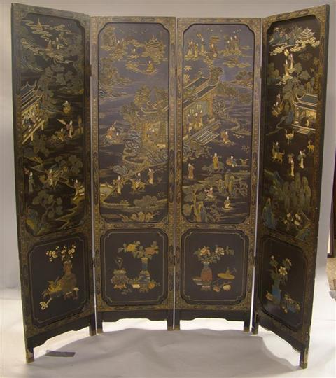 Appraisal: CHINESE LACQUER AND IVORY-INLAID FOUR-PANEL SCREEN The upper panels depicting